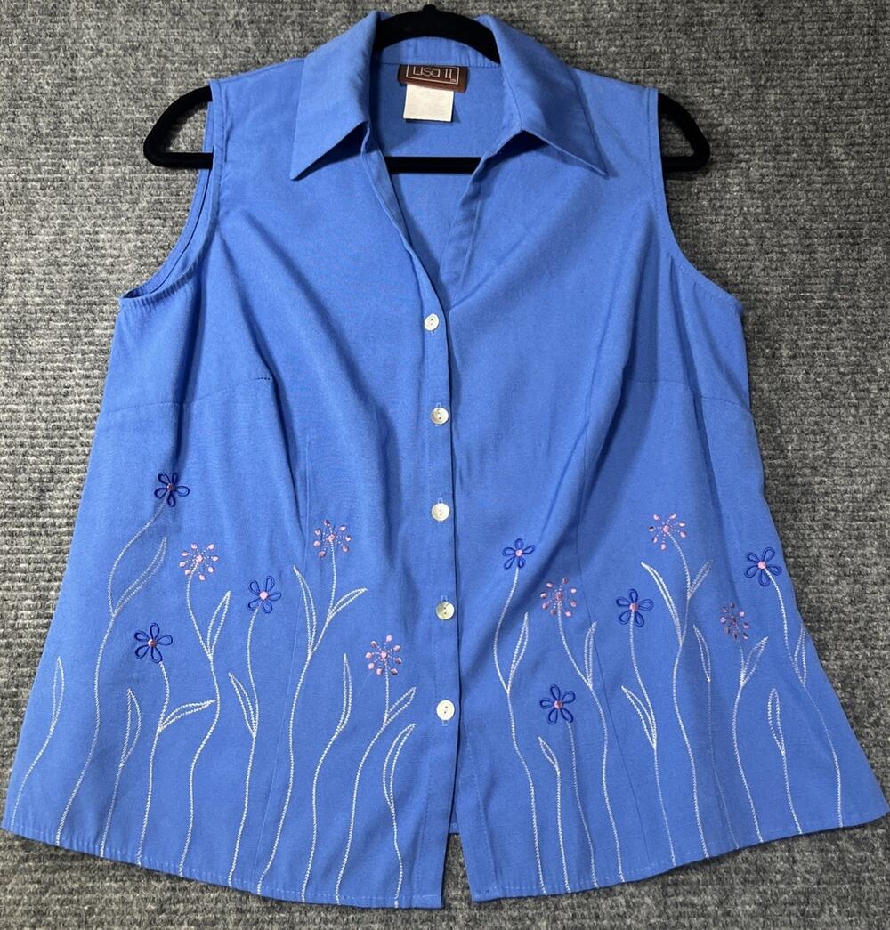 Lisa II Women’s Blue Floral Embroidered Sleeveless Button-Up Blouse, 16W